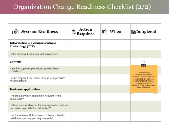 Organization Change Readiness Checklist Template 2 Ppt PowerPoint Presentation File Information