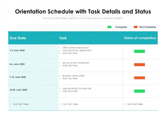 Orientation Schedule With Task Details And Status Ppt PowerPoint Presentation Icon Vector PDF