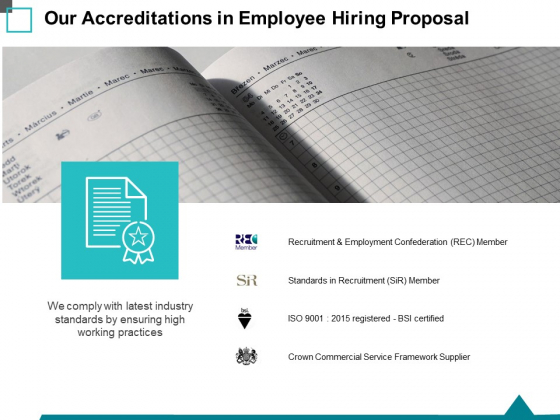 Our Accreditations In Employee Hiring Proposal Ppt PowerPoint Presentation Model Inspiration