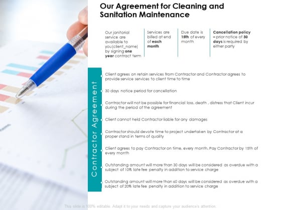 Our Agreement For Cleaning And Sanitation Maintenance Agenda Ppt PowerPoint Presentation Layouts Show Our Agreement For Cleaning And Sanitation Maintenance Agenda Ppt PowerPoint Presentation Layouts Show