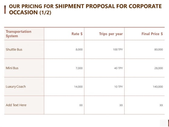 Our Pricing For Shipment Proposal For Corporate Occasion Bus Themes PDF Our Pricing For Shipment Proposal For Corporate Occasion Bus Themes PDF
