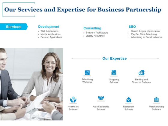 Our Services And Expertise For Business Partnership Ppt PowerPoint Presentation Infographics Maker