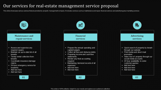 Our Services For Real Estate Management Service Proposal Ppt Portfolio Background PDF