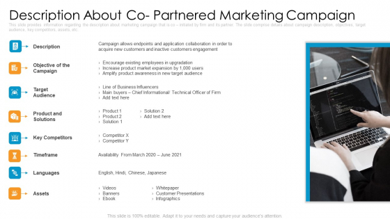 Partner Advertisement Strategy Description About Co Partnered Marketing Campaign Template PDF