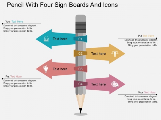 Pencil With Four Sign Borads And Icons Powerpoint Template Pencil With Four Sign Borads And Icons Powerpoint Template