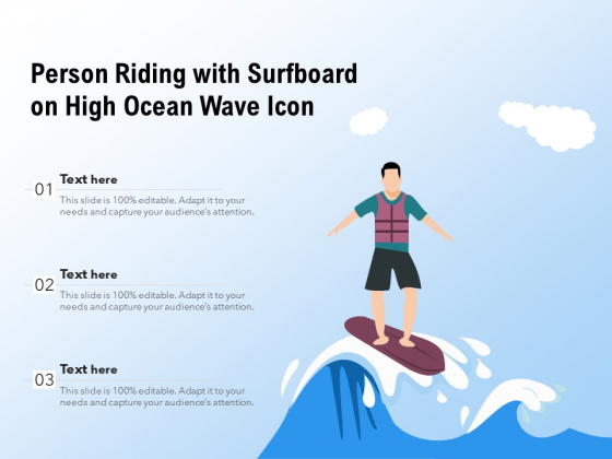 Person Riding With Surfboard On High Ocean Wave Icon Ppt PowerPoint Presentation Outline Graphics Example PDF