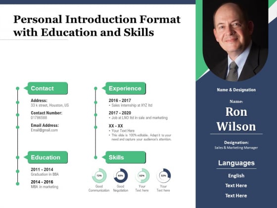 Personal Introduction Format With Education And Skills Ppt PowerPoint Presentation Gallery Guidelines PDF