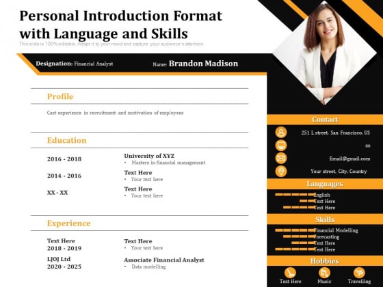 Personal Introduction Format With Language And Skills Ppt PowerPoint Presentation Gallery Objects PDF