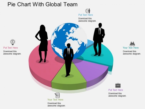 Pie Chart With Global Team Powerpoint Template