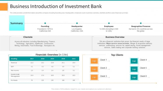 Pitch Deck For General Advisory Deal Business Introduction Of Investment Bank Rules PDF