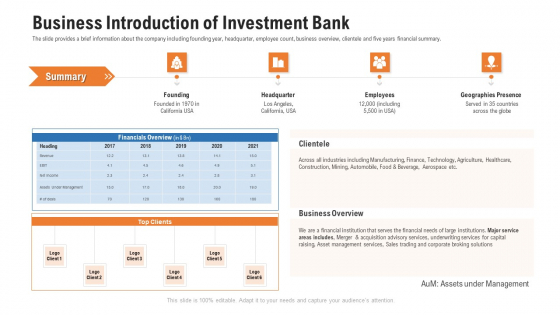 Pitch Deck For Procurement Deal Business Introduction Of Investment Bank Ppt Inspiration Templates PDF