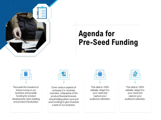 Pitch Deck To Collect Funding From Initial Financing Agenda For Pre Seed Funding Elements PDF Pitch Deck To Collect Funding From Initial Financing Agenda For Pre Seed Funding Elements PDF