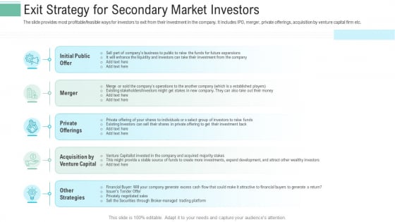 Pitch Presentation Raise Money Spot Market Exit Strategy For Secondary Market Investors Template PDF Pitch Presentation Raise Money Spot Market Exit Strategy For Secondary Market Investors Template PDF
