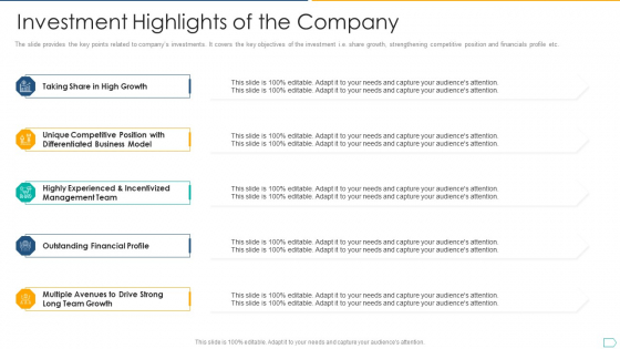 Pitchbook For IPO Deal Investment Highlights Of The Company Icons PDF Pitchbook For IPO Deal Investment Highlights Of The Company Icons PDF