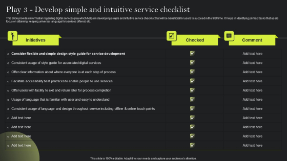 Playbook For Advancing Technology Play 3 Develop Simple And Intuitive Service Checklist Ideas PDF