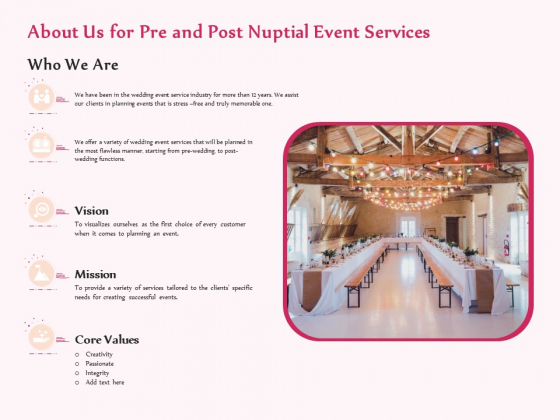 Pre Postnuptial About Us For Pre And Post Nuptial Event Services Ppt Layouts Layout Ideas PDF