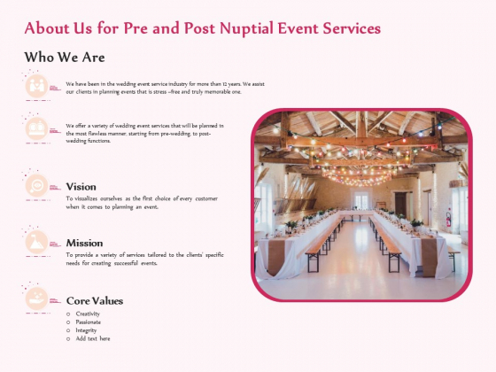 Pre Postnuptial About Us For Pre And Post Nuptial Event Services Ppt Layouts Layout Ideas PDF Pre Postnuptial About Us For Pre And Post Nuptial Event Services Ppt Layouts Layout Ideas PDF