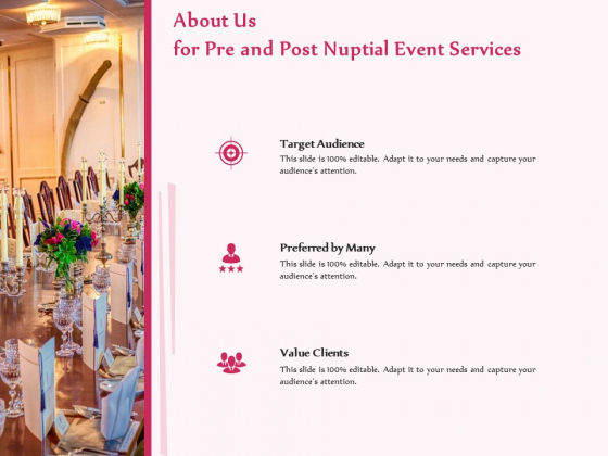 Pre Postnuptial About Us For Pre And Post Nuptial Event Services Value Ppt Model Layout PDF Pre Postnuptial About Us For Pre And Post Nuptial Event Services Value Ppt Model Layout PDF