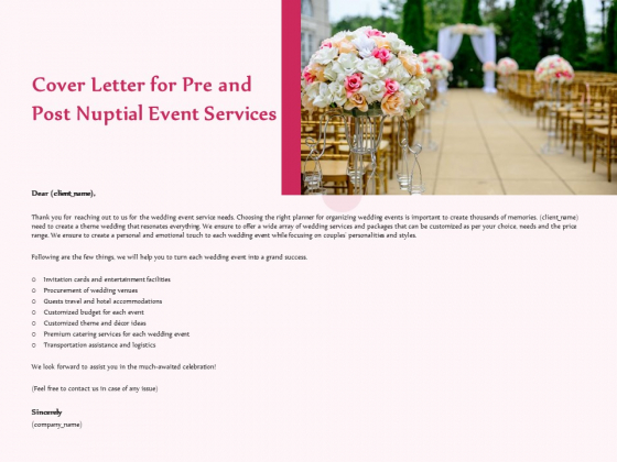Pre Postnuptial Cover Letter For Pre And Post Nuptial Event Services Ppt Inspiration Influencers PDF