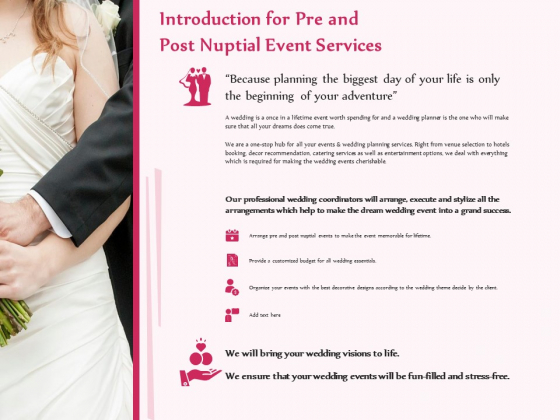 Pre Postnuptial Introduction For Pre And Post Nuptial Event Services Ppt Visual Aids Portfolio PDF Pre Postnuptial Introduction For Pre And Post Nuptial Event Services Ppt Visual Aids Portfolio PDF