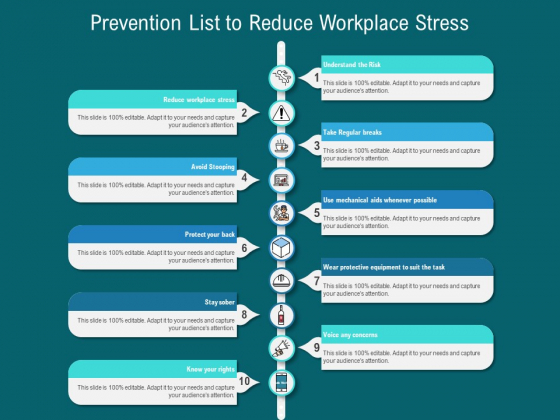 Prevention List To Reduce Workplace Stress Ppt PowerPoint Presentation Gallery Guide PDF