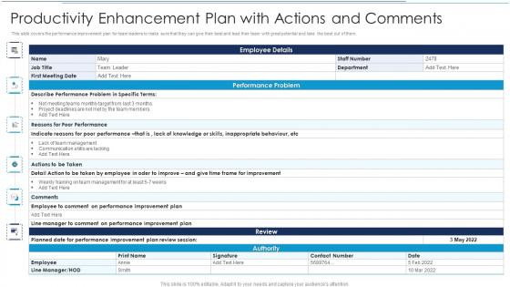 Productivity Enhancement Plan With Actions And Comments Portrait PDF