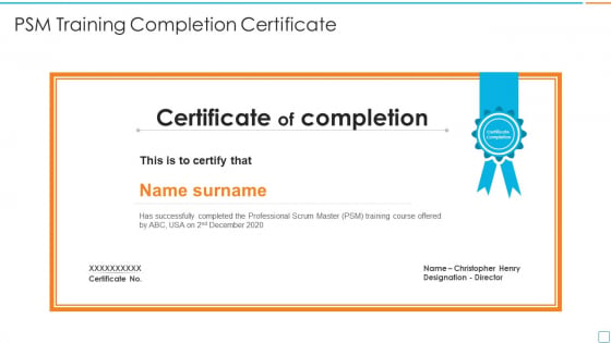 Professional Scrum Master Certification PSM Training Completion Certificate Background PDF