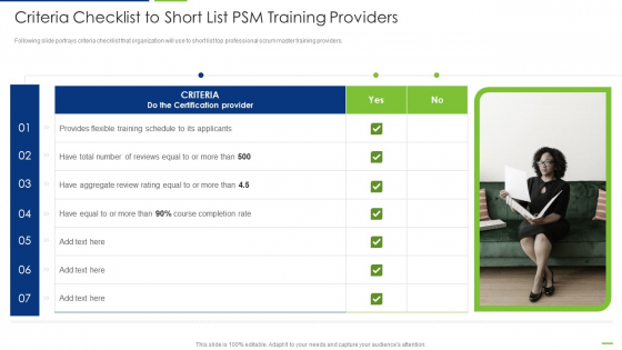 Professional Scrum Master Criteria Checklist To Short List PSM Training Providers Mockup PDF