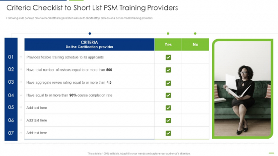 Professional Scrum Master Criteria Checklist To Short List PSM Training Providers Mockup PDF Professional Scrum Master Criteria Checklist To Short List PSM Training Providers Mockup PDF