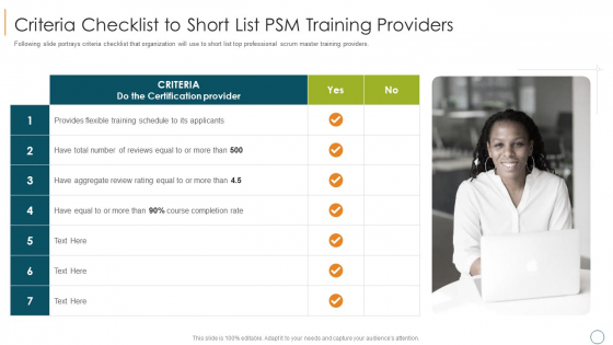Professional Scrum Master Training IT Criteria Checklist To Short List Psm Training Providers Portrait PDF