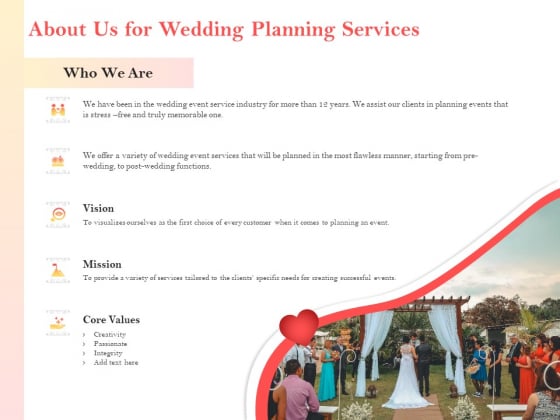 Professional Wedding Planner About Us For Wedding Planning Services Ppt PowerPoint Presentation Outline Format PDF