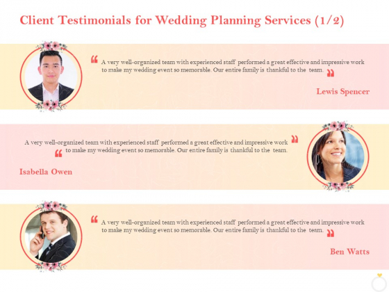 Professional Wedding Planner Client Testimonials For Wedding Planning Services Team Ppt Portfolio Diagrams PDF