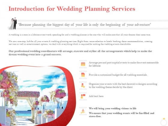 Professional Wedding Planner Introduction For Wedding Planning Services Ppt PowerPoint Presentation Slides Graphics Download PDF