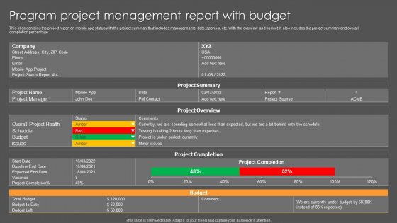 Program Project Management Report With Budget Ppt Summary Rules PDF