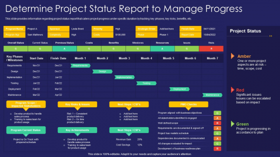 Project Administration Playbook Determine Project Status Report To Manage Progress Pictures PDF