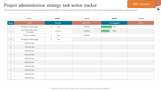 Project Administration Strategy Task Action Tracker Icons PDF