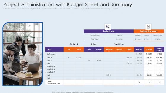 Project Administration With Budget Sheet And Summary Themes PDF