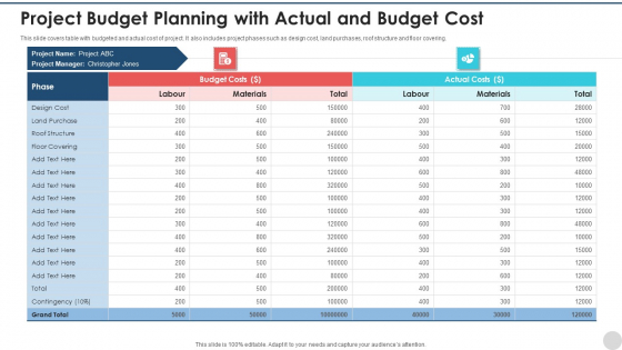Project Budget Planning With Actual And Budget Cost Summary PDF