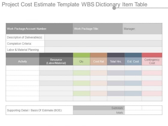 Project Cost Estimate Template Wbs Dictionary Item Table