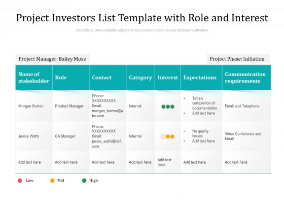 Project Investors List Template With Role And Interest Ppt PowerPoint Presentation Gallery Outfit PDF