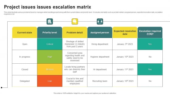 Project Issues Issues Escalation Matrix Topics PDF