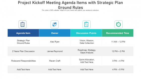 Project Kickoff Meeting Agenda Items With Strategic Plan Ground Rules Ppt PowerPoint Presentation File Example File PDF Project Kickoff Meeting Agenda Items With Strategic Plan Ground Rules Ppt PowerPoint Presentation File Example File PDF