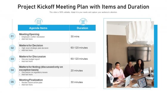 Project Kickoff Meeting Plan With Items And Duration Ppt PowerPoint Presentation Gallery Designs PDF Project Kickoff Meeting Plan With Items And Duration Ppt PowerPoint Presentation Gallery Designs PDF