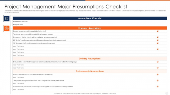 Project Management Major Presumptions Checklist Template PDF