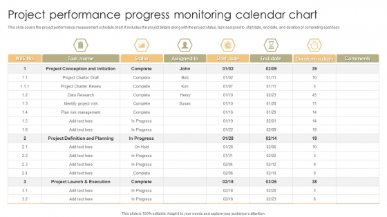 Project Performance Progress Monitoring Calendar Chart Pictures PDF