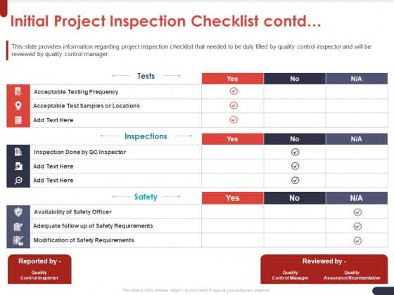 Project Quality Planning And Controlling Initial Project Inspection Checklist Contd Icons PDF Project Quality Planning And Controlling Initial Project Inspection Checklist Contd Icons PDF