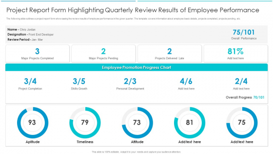 Project Report Form Highlighting Quarterly Review Results Of Employee Performance Brochure PDF