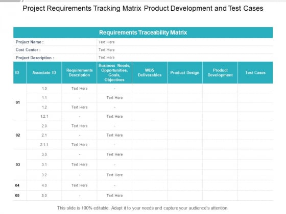 Project Requirements Tracking Matrix Product Development And Test Cases Ppt PowerPoint Presentation Outline File Formats