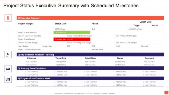 Project Status Executive Summary With Scheduled Milestones Brochure PDF