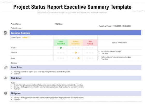 Project Status Report Executive Summary Template Ppt PowerPoint Presentation Gallery Good PDF